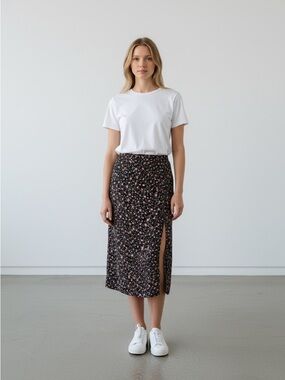 NWT NSR Napean Sea Rd Black Floral Midi Skirt Side Slit Pink Rose Floral Print S